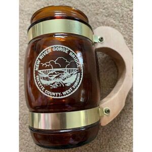VINTAGE NEW RIVER GORGE BRIDGE WHITE WATER RAFT TRIP AMBER WOOD HANDLE MUG